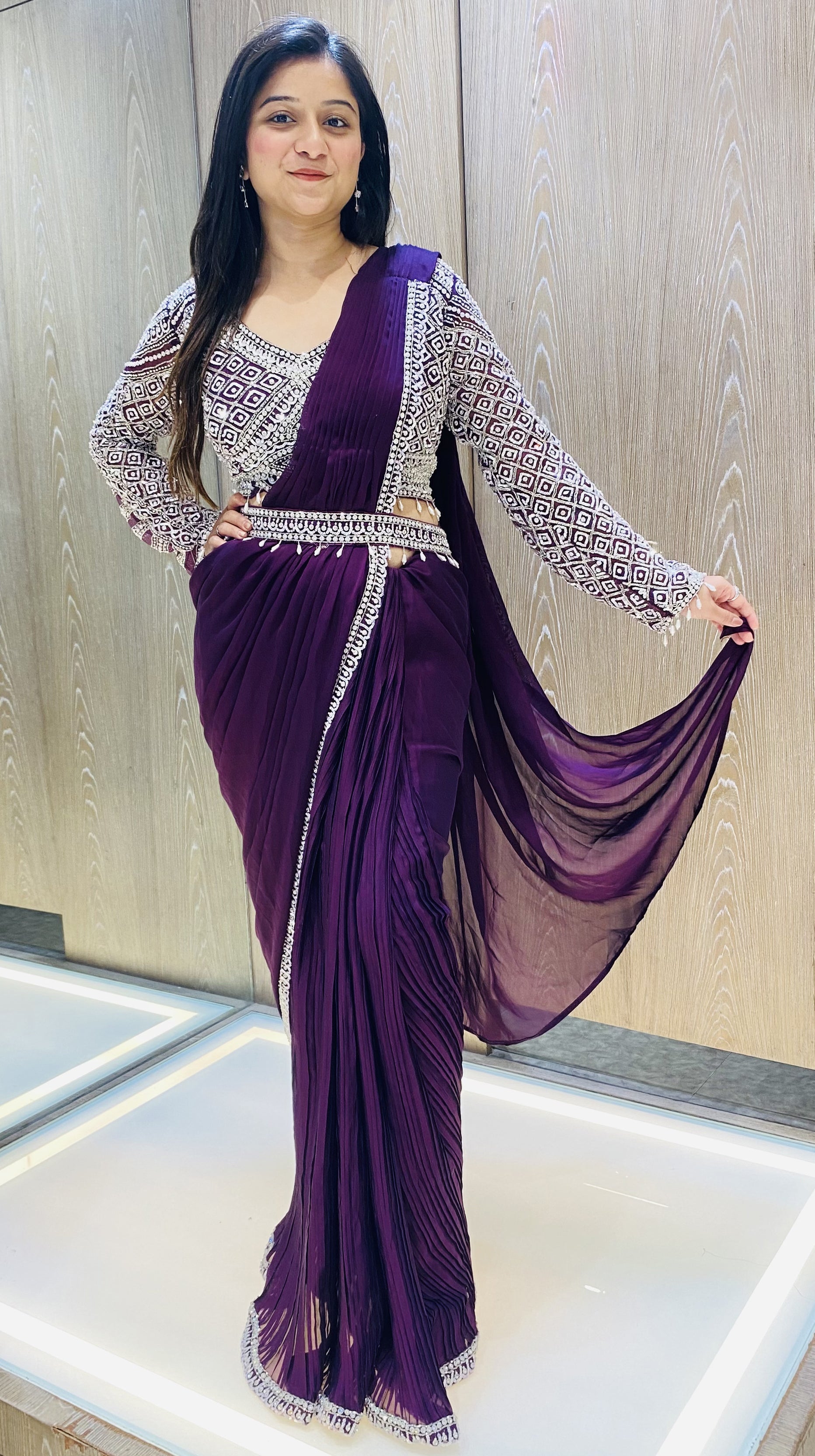Purple Color Lycra Sequins Work Ready To Wear Saree